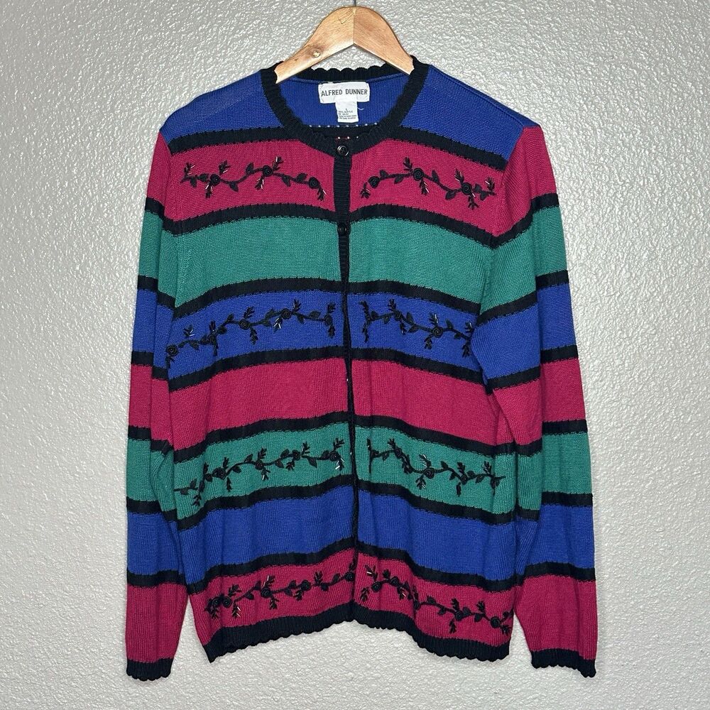 Alfred Dunner Striped Cardigan Sweater 90s y2k Mom Fashion Beaded Scalloped Edge